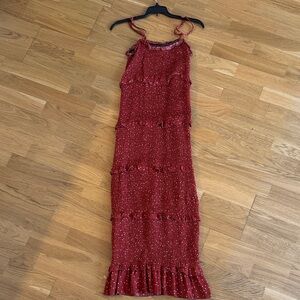 Olivaceous Burgundy Maxi Dress with Ruffle Details